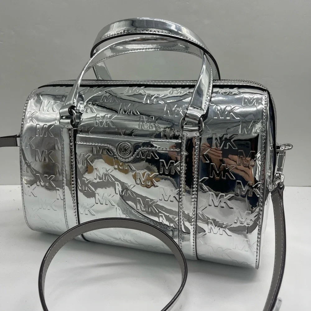 MICHAEL KORS Jet Set Medium Patent Logo Debossed Duffel Crossbody Bag Silver NWT